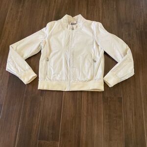 Chanel White Size 8-10 Perforated Leather Bomber Jacket Branded Back Stripe